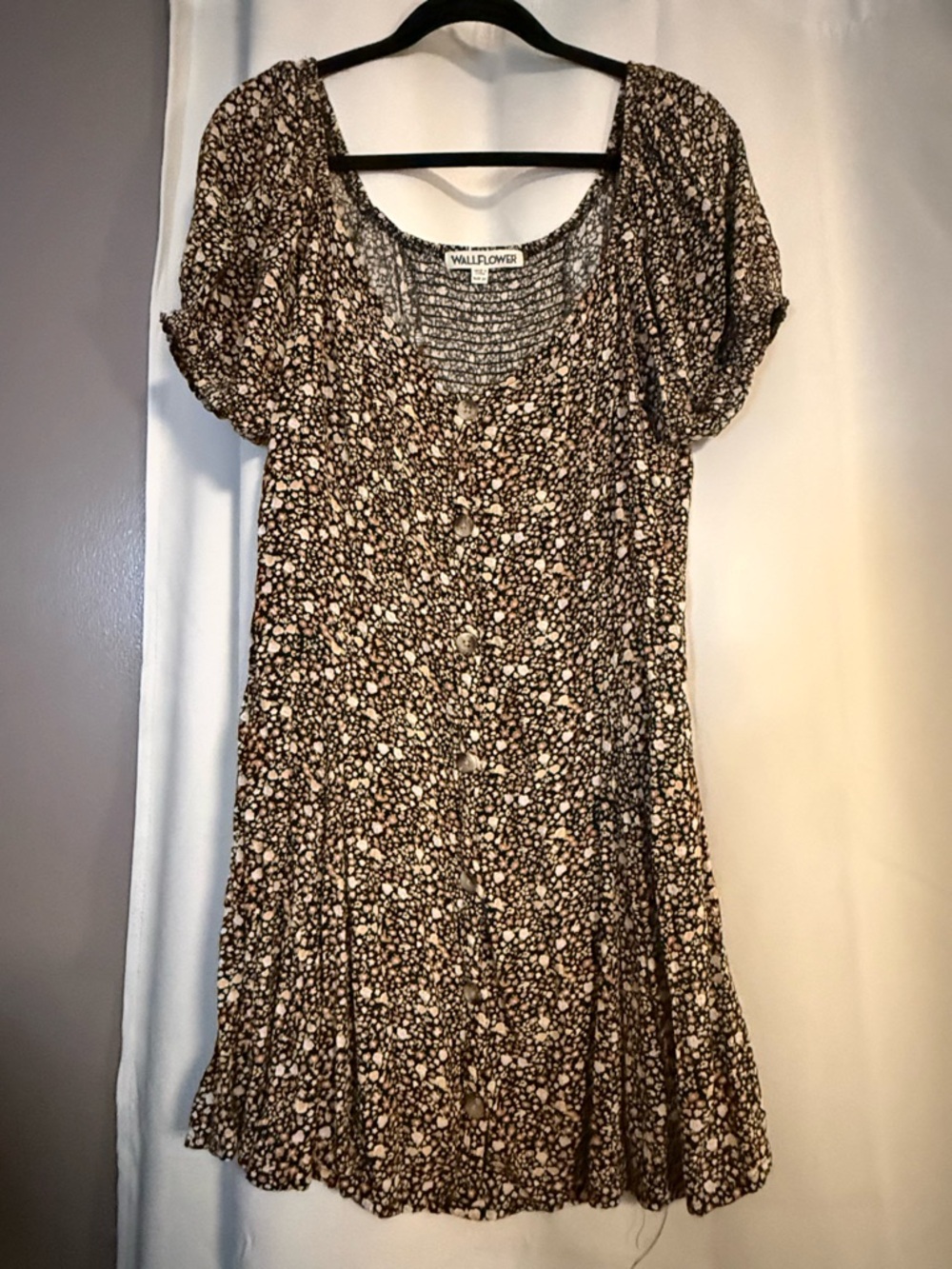 Wallflower Black Floral Button-Front Mini Dress with Brown and Cream Accents